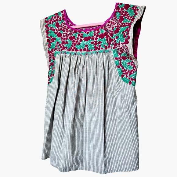 MI GOLONDRINA Flores Blouse - Grey Pinstripe Cotton Top w Red Green Embroidery - Picture 3 of 16